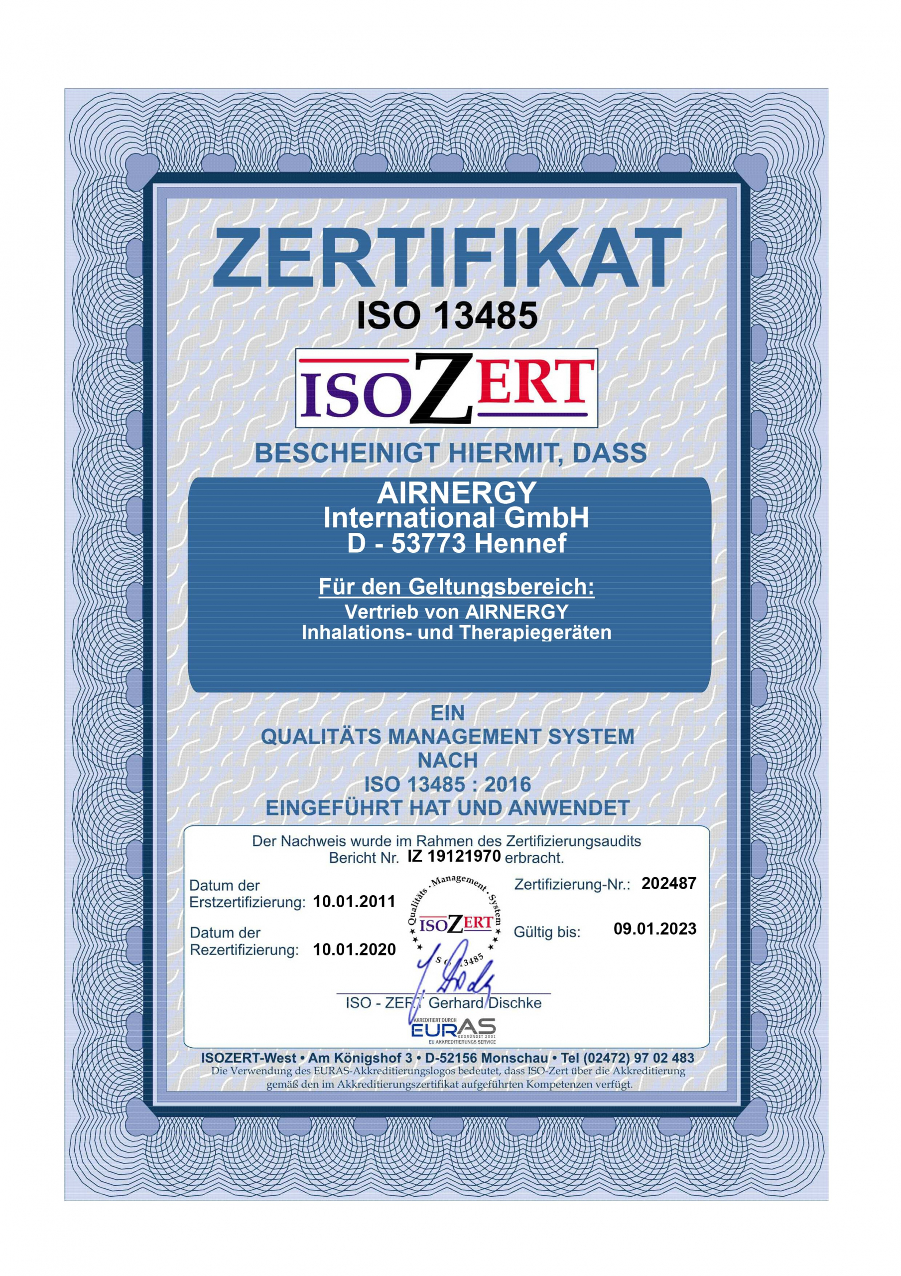 AIRNERGY Zertifikat DIN EN ISO 13485